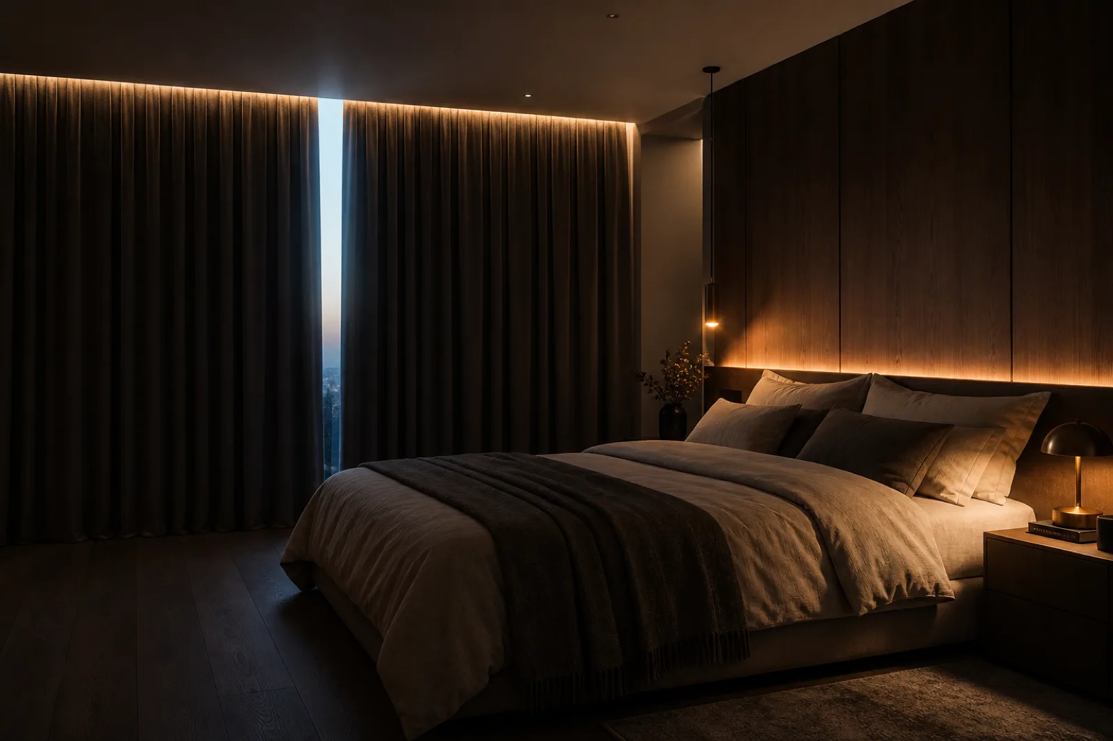 Bedroom lighting, curtains and climate coordinated by HomeHub