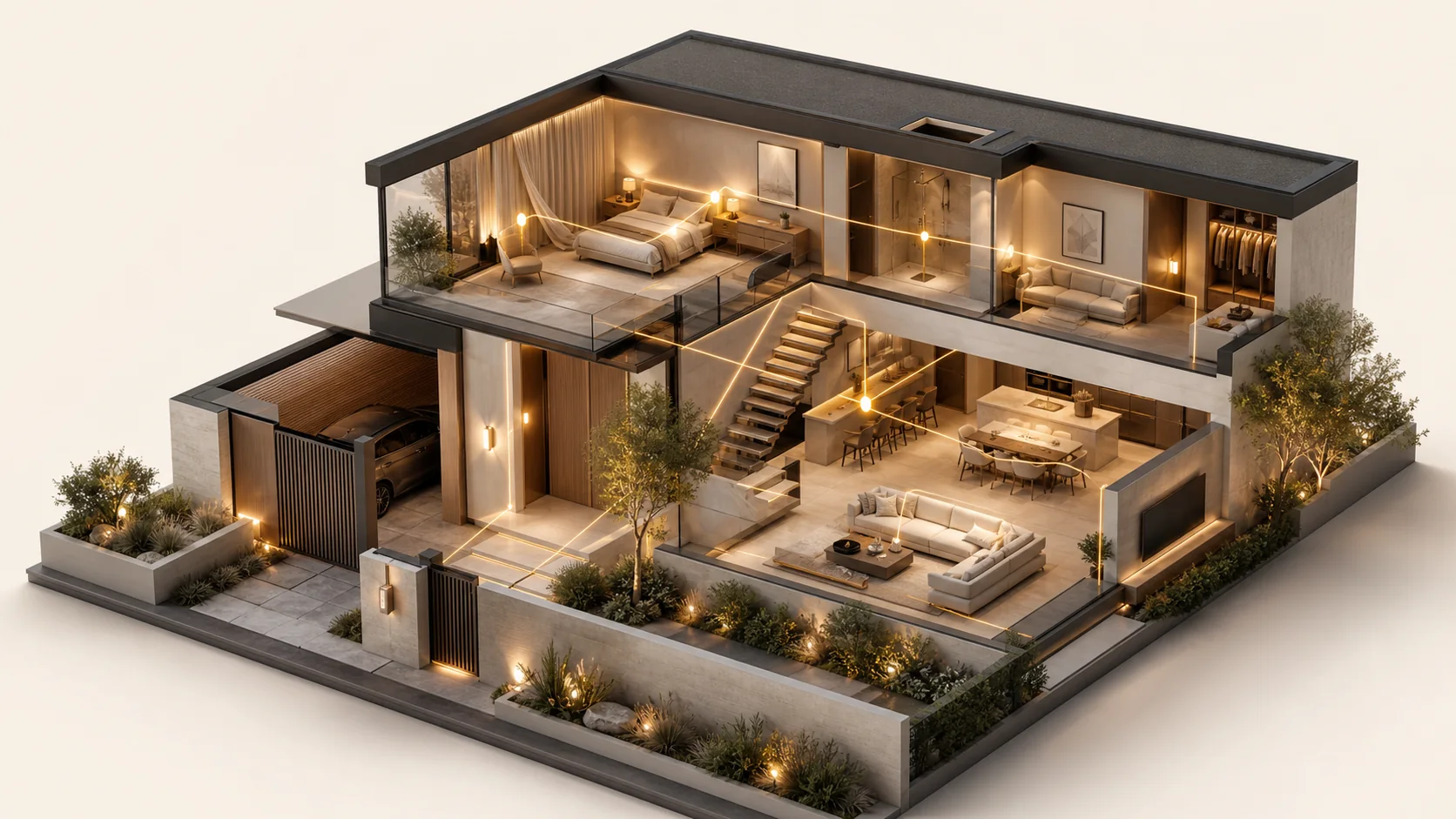 Architectural cutaway of a HomeHub residence showing lighting, climate, access and security connected throughout the home